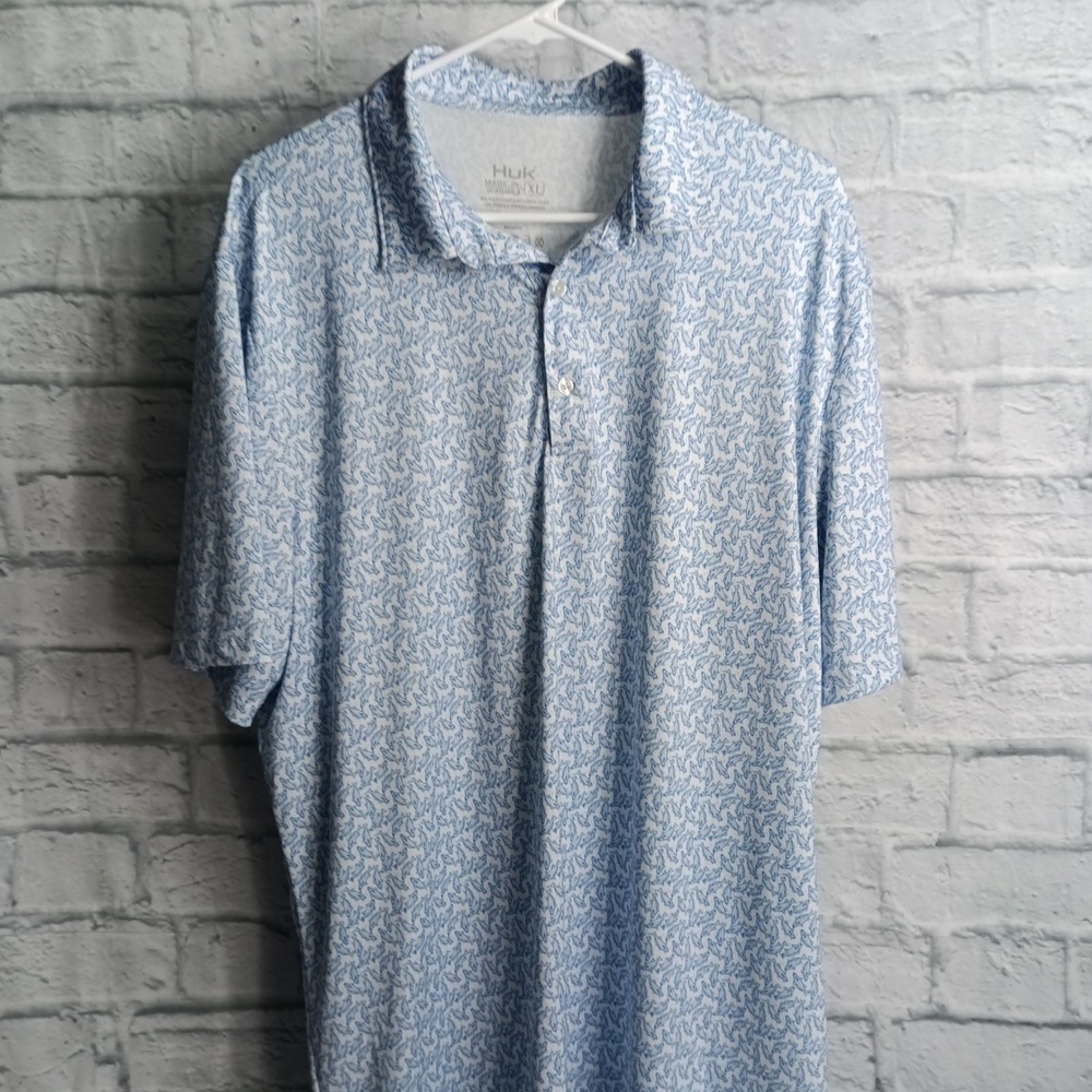 Huk Mens XL Performance Fishing Polo Shirt Blue White Fish Print Short Sleeve